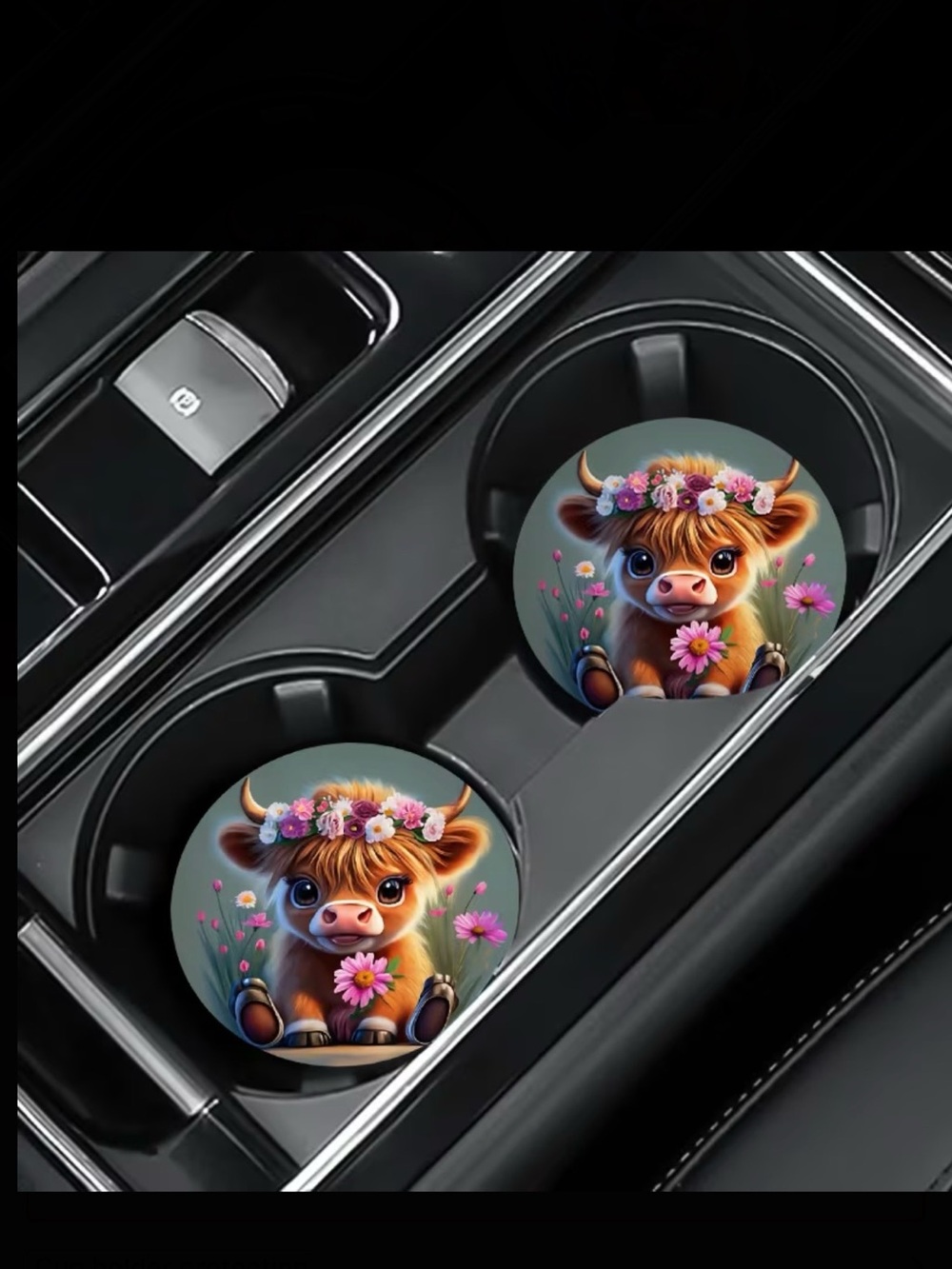 2pcs Cute Highland Cow Car Coaster - Floral Design